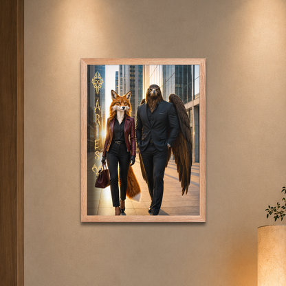 Framed Aries power couple poster featuring eagle and fox archetypes walking through a modern city, symbolizing strength, ambition, and partnership.