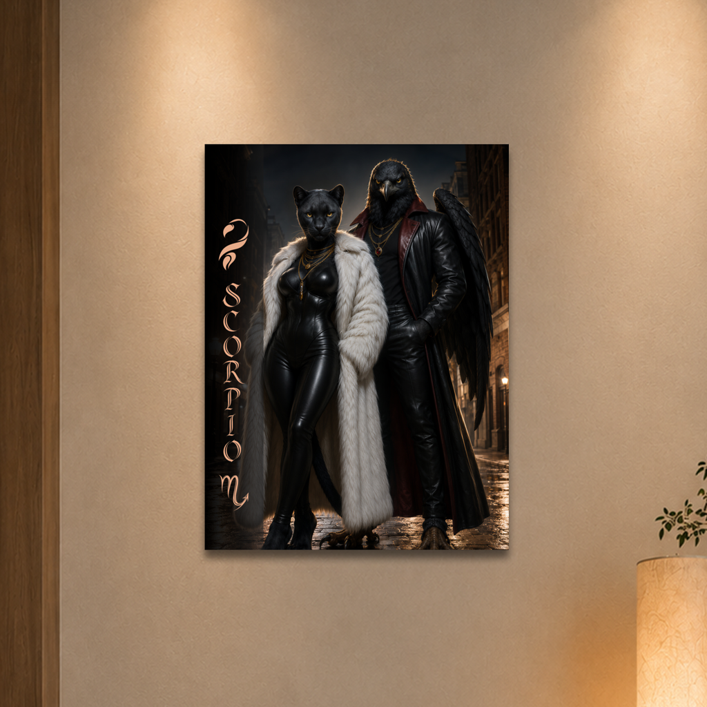 Scorpio power couple zodiac poster with black panther and black eagle