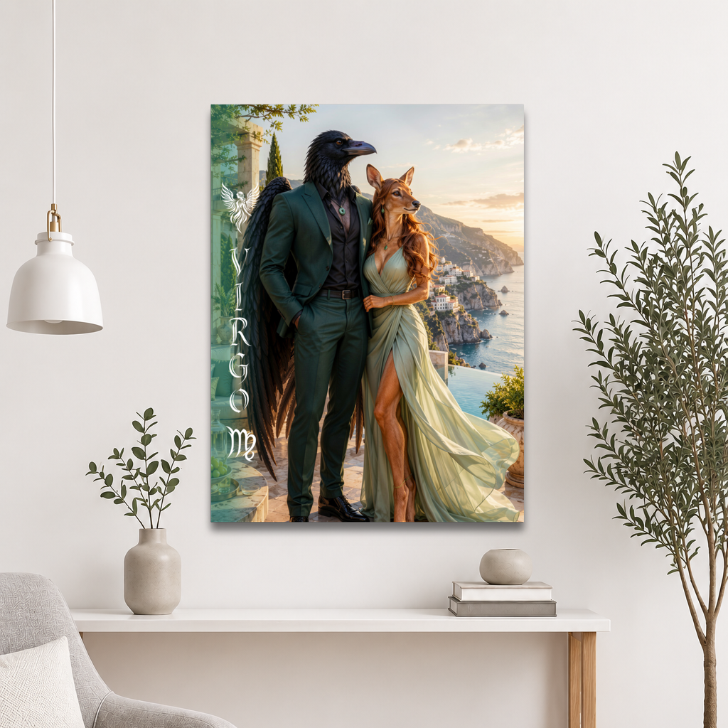 Virgo power couple zodiac poster with raven king and deer queen