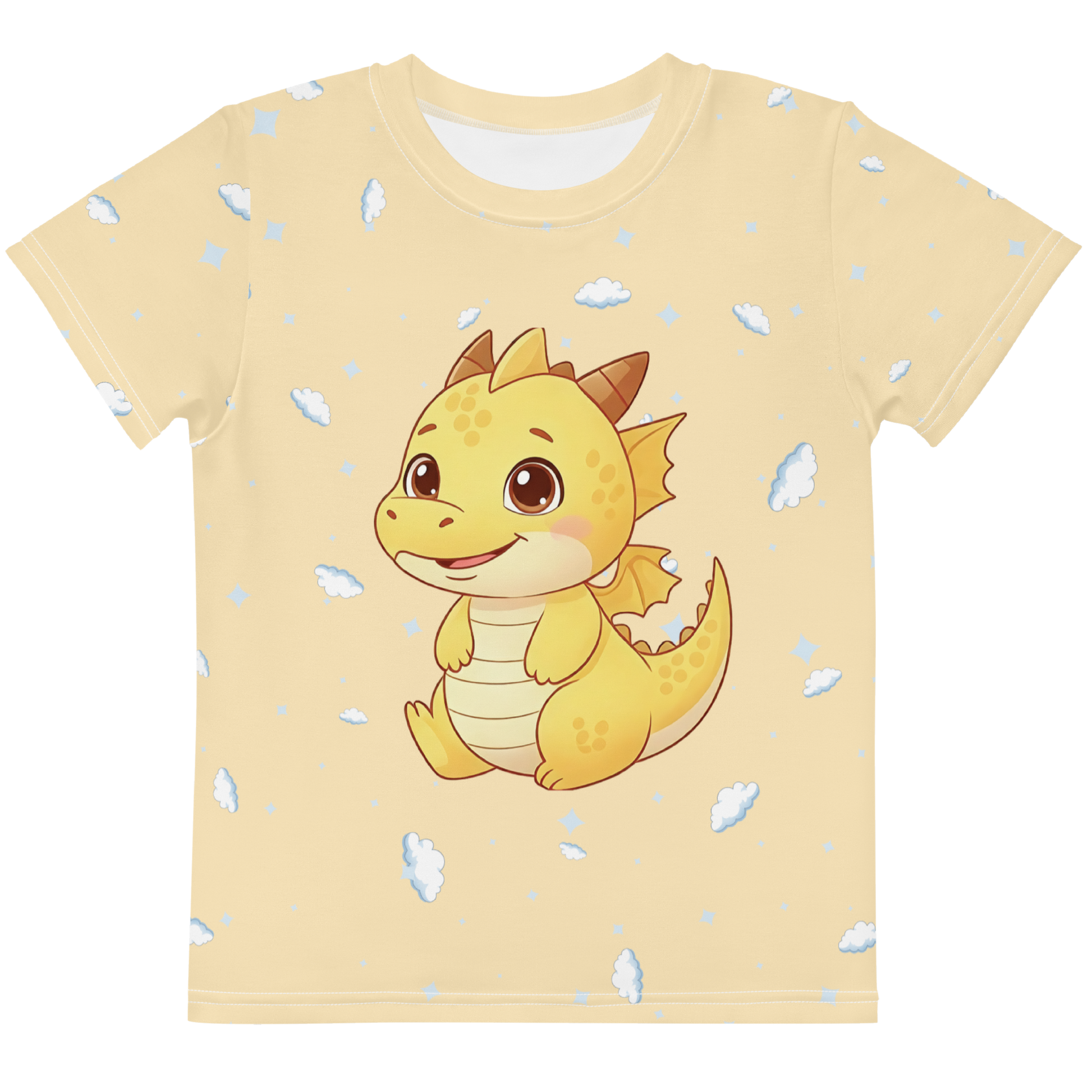Kids dragon t-shirt with cute baby dragon illustration and cloud pattern