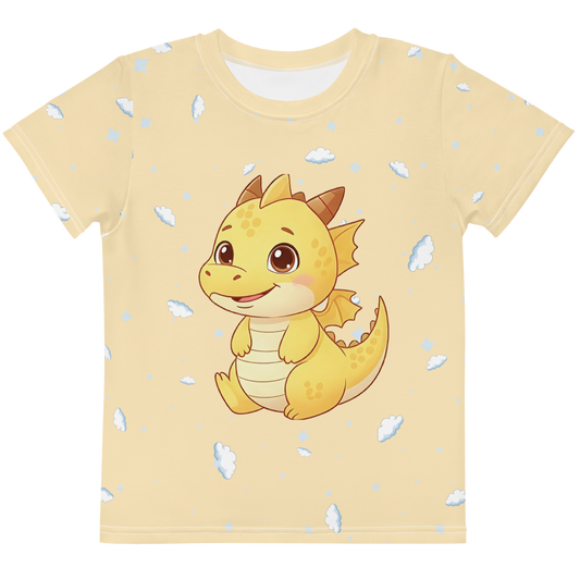 Kids dragon t-shirt with cute baby dragon illustration and cloud pattern
