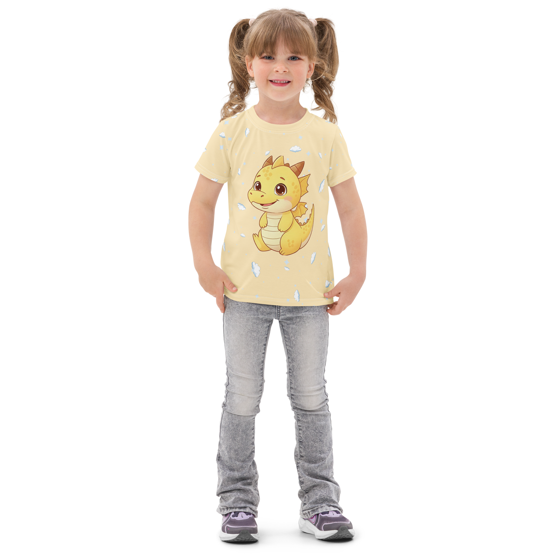 Toddler wearing cute dragon t-shirt with baby dragon and cloud pattern