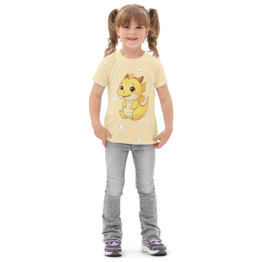 Toddler wearing cute dragon t-shirt with baby dragon and cloud pattern