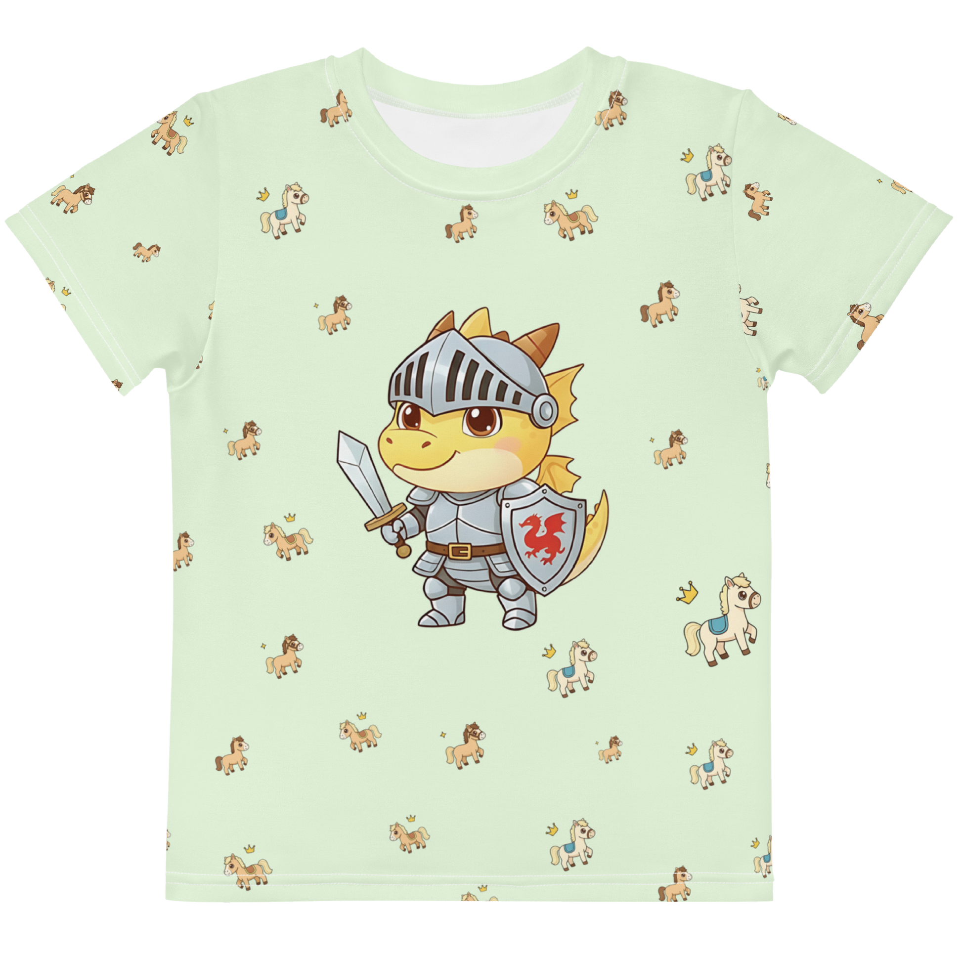 Toddler wearing knight dragon t-shirt with fantasy pattern