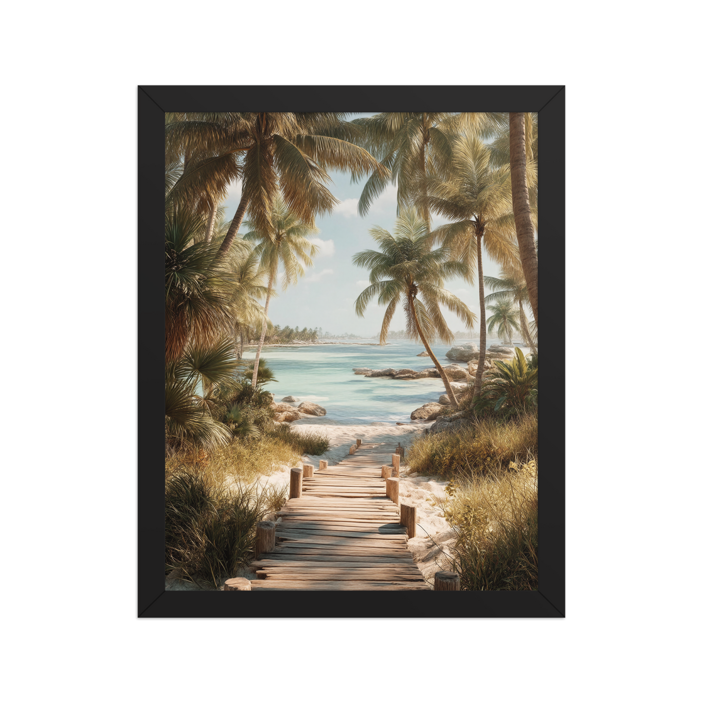 Wooden boardwalk path through tropical palm trees 
leading to calm turquoise beach, framed wall art print, 
black frame, JMTR Jeometry Store