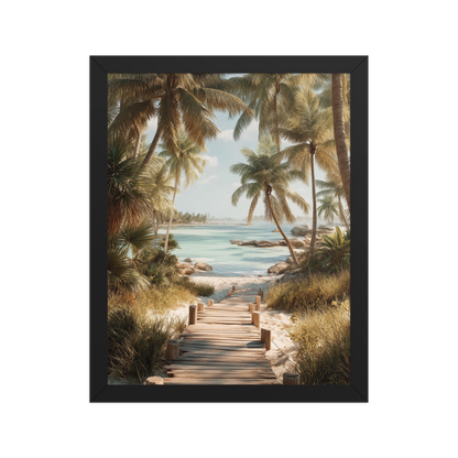 Wooden boardwalk path through tropical palm trees 
leading to calm turquoise beach, framed wall art print, 
black frame, JMTR Jeometry Store