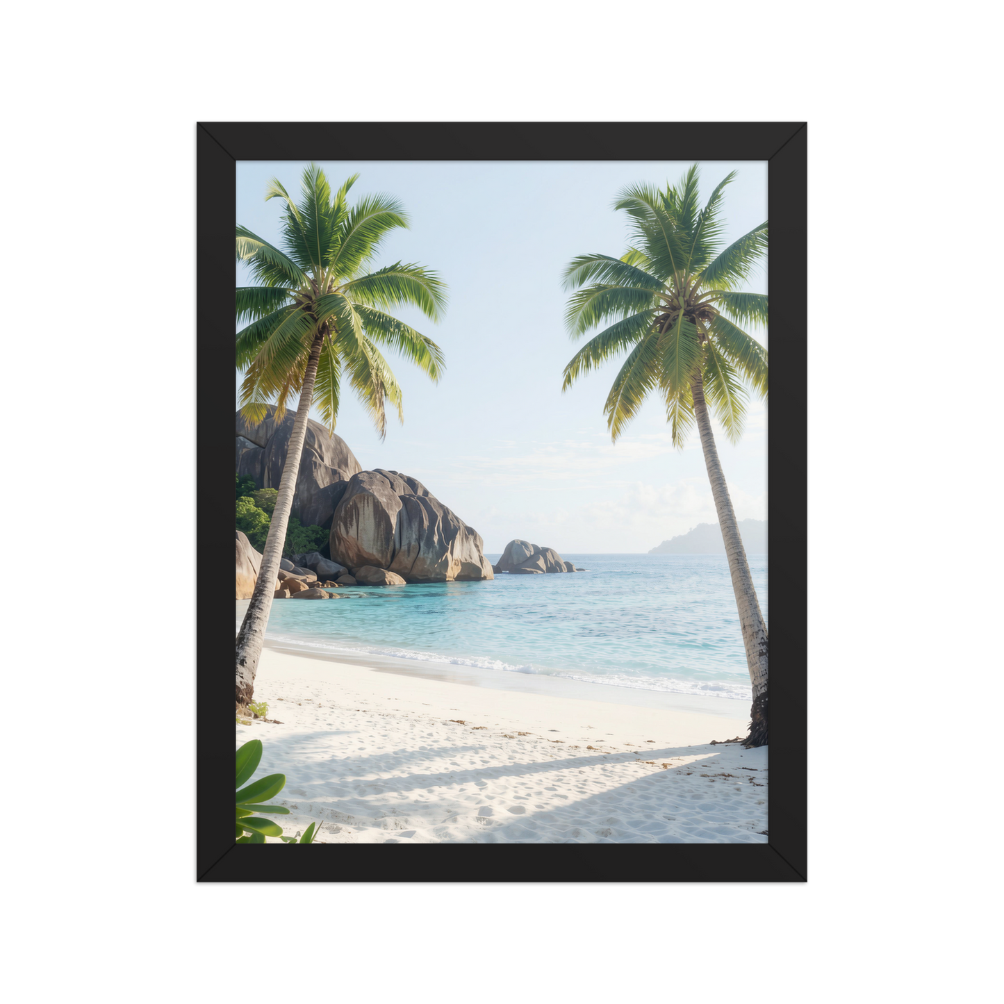 Framed tropical beach print with turquoise ocean, white sand and palm trees, ready to hang coastal wall art, JMTR Jeometry Store