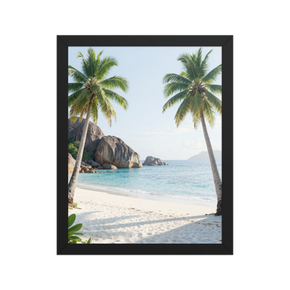Framed tropical beach print with turquoise ocean, white sand and palm trees, ready to hang coastal wall art, JMTR Jeometry Store