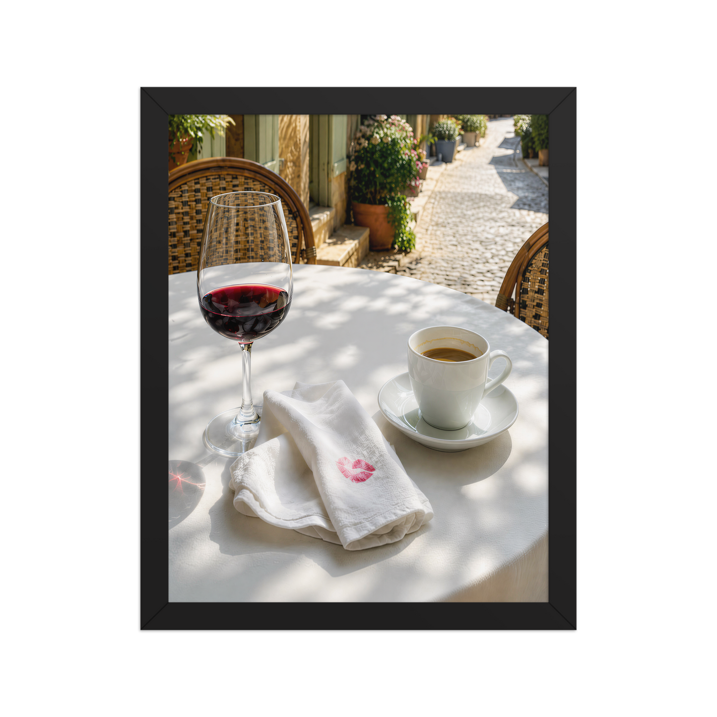 Framed sunlit café terrace print with red wine and espresso, ready to hang wall art, JMTR Jeometry Store