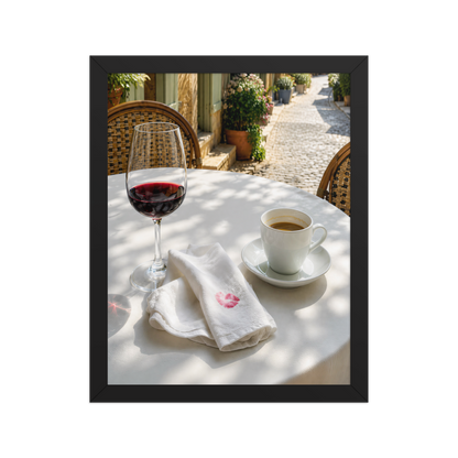 Framed sunlit café terrace print with red wine and espresso, ready to hang wall art, JMTR Jeometry Store