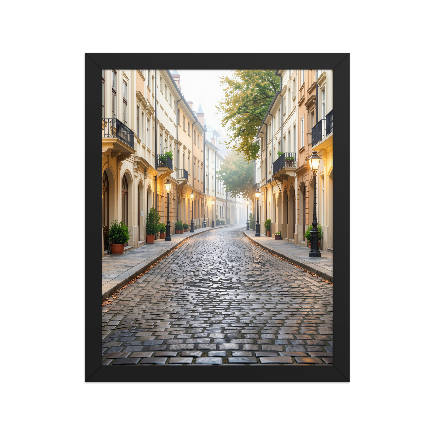 Framed European cobblestone street wall art, calm aesthetic old town morning fog poster, black frame, JMTR Jeometry Store