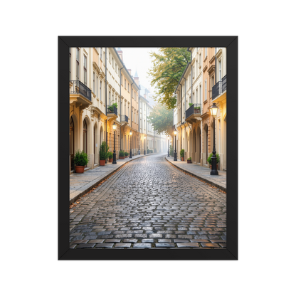 Framed European cobblestone street wall art, calm aesthetic old town morning fog poster, black frame, JMTR Jeometry Store