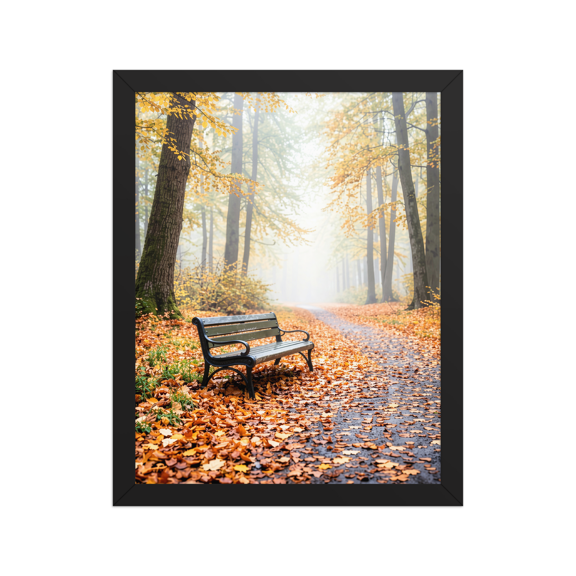 Framed autumn park bench wall art, foggy forest path fall leaves calm aesthetic poster, black frame, JMTR Jeometry Store