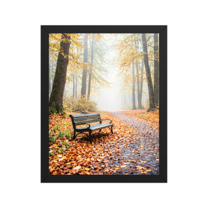 Framed autumn park bench wall art, foggy forest path fall leaves calm aesthetic poster, black frame, JMTR Jeometry Store