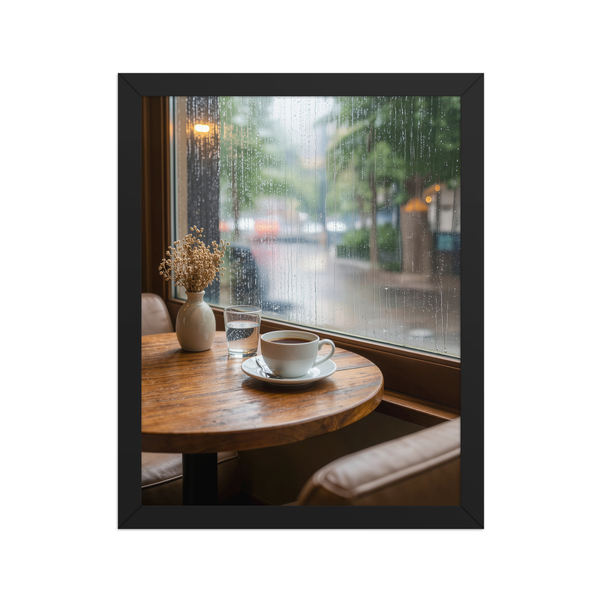 Framed rainy day cafe wall art, coffee cup by rain window calm aesthetic poster, black frame, JMTR Jeometry Store