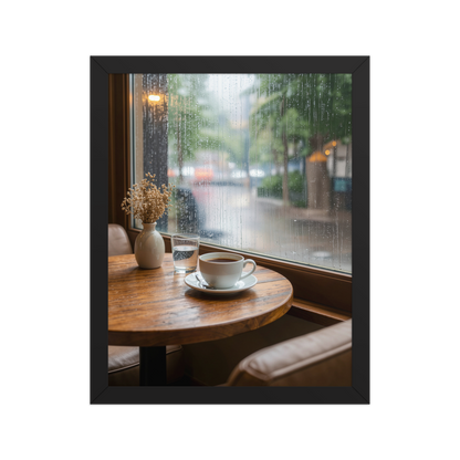 Framed rainy day cafe wall art, coffee cup by rain window calm aesthetic poster, black frame, JMTR Jeometry Store