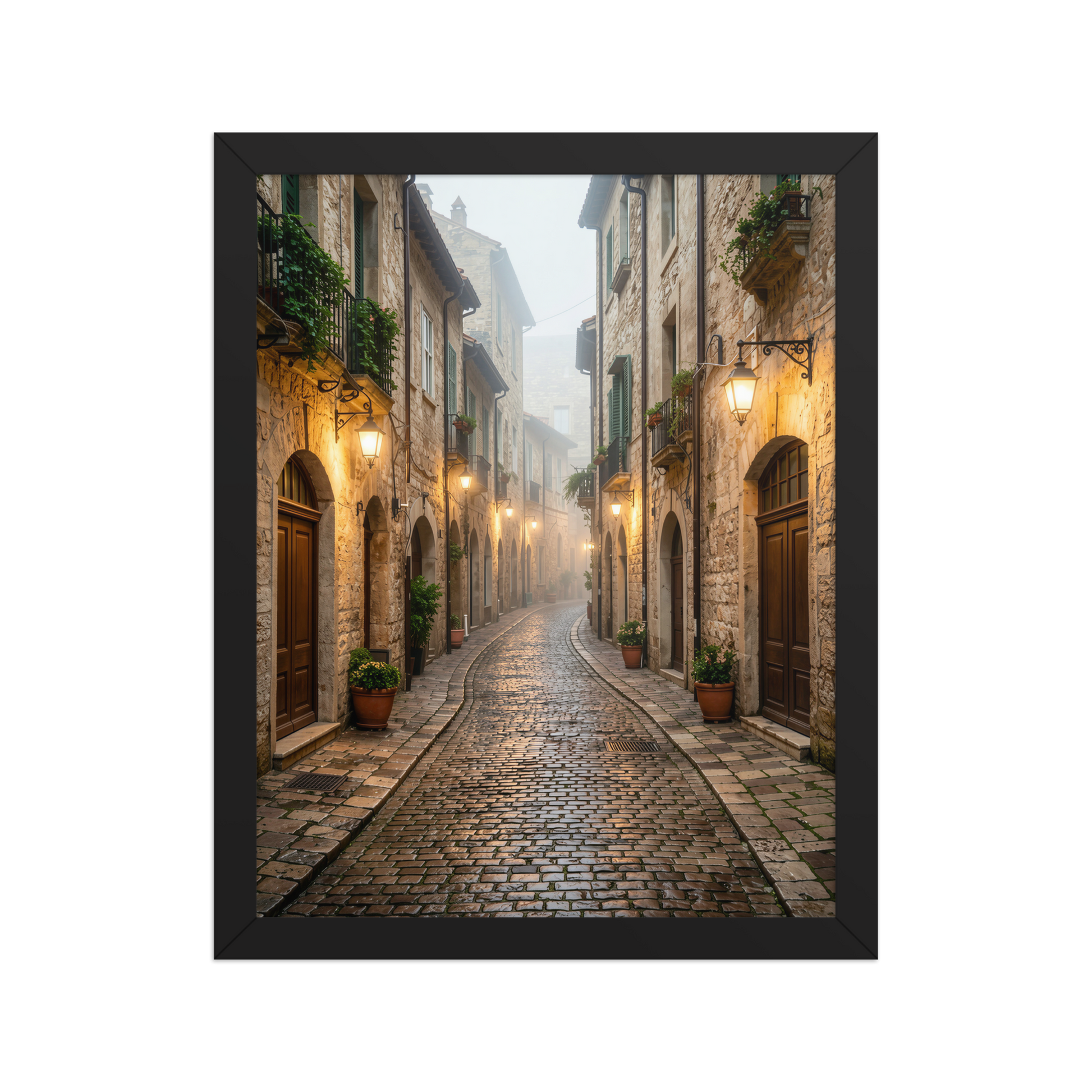 Framed Italian village cobblestone street wall art, warm lanterns foggy alley calm aesthetic poster, black frame, JMTR Jeometry Store