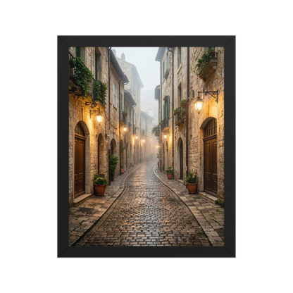 Framed Italian village cobblestone street wall art, warm lanterns foggy alley calm aesthetic poster, black frame, JMTR Jeometry Store