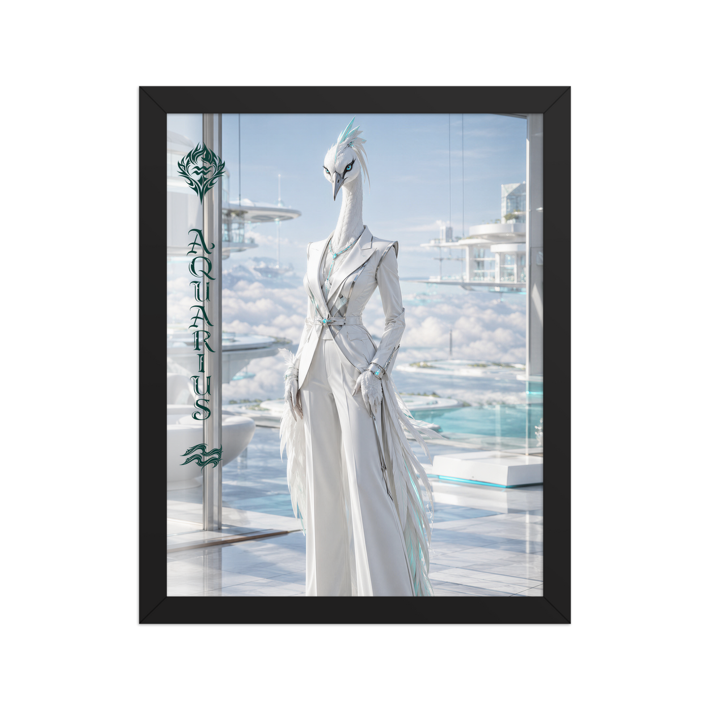 Framed Aquarius woman zodiac poster featuring a white crane standing above the clouds in a futuristic celestial city
