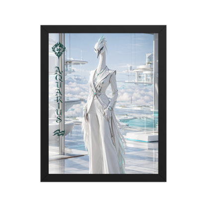 Framed Aquarius woman zodiac poster featuring a white crane standing above the clouds in a futuristic celestial city