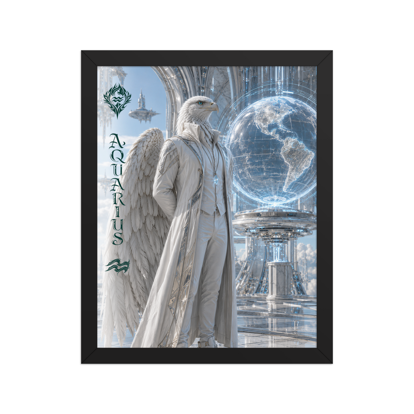 Framed Aquarius man zodiac poster featuring a white eagle standing before a glowing world in a futuristic celestial city