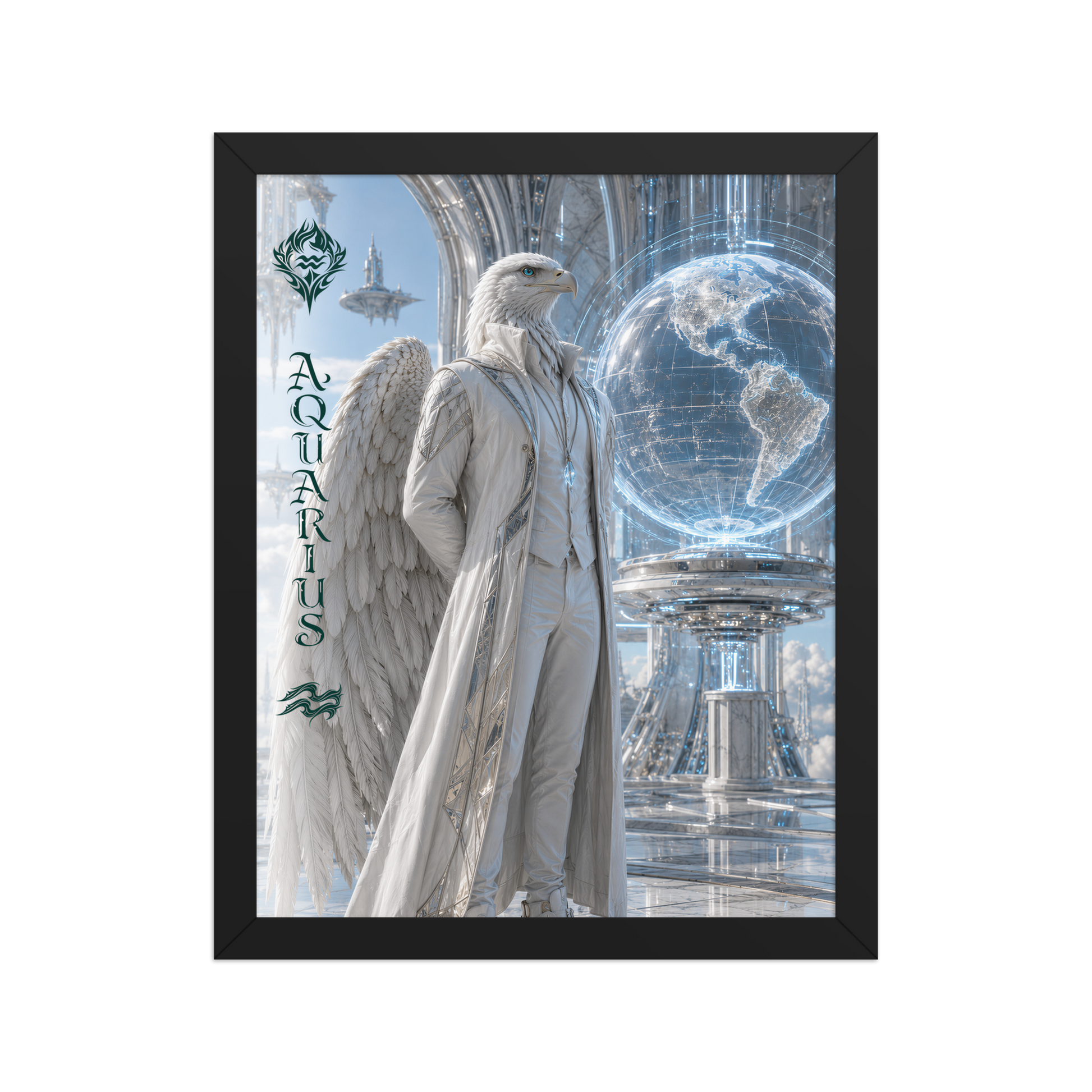 Framed Aquarius man zodiac poster featuring a white eagle standing before a glowing world in a futuristic celestial city