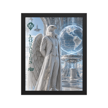 Framed Aquarius man zodiac poster featuring a white eagle standing before a glowing world in a futuristic celestial city