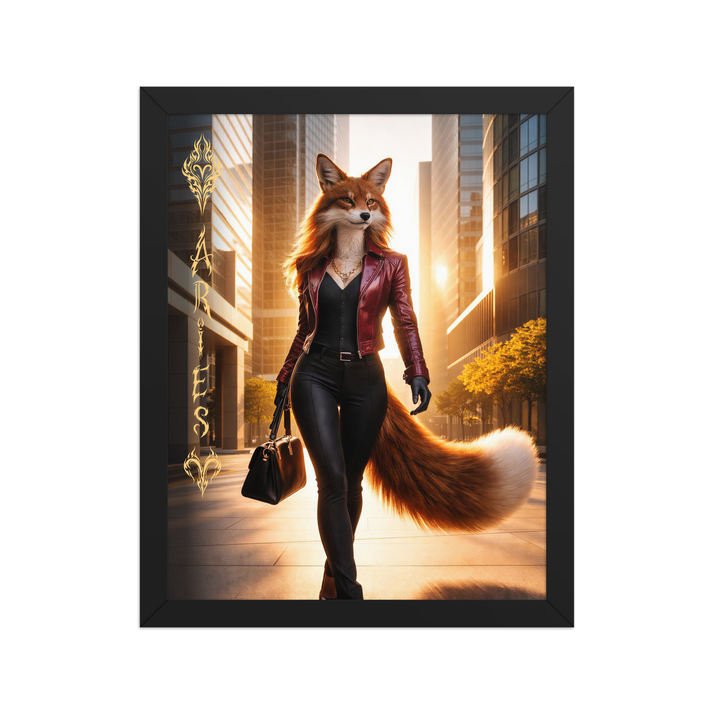 Framed Aries fox woman zodiac poster walking through a modern city at sunset