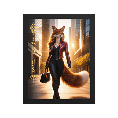 Framed Aries fox woman zodiac poster walking through a modern city at sunset