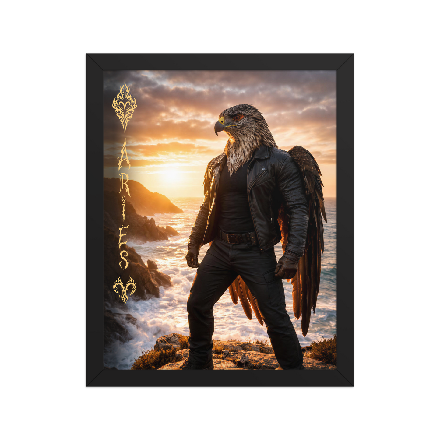Framed Aries man poster featuring a powerful eagle figure standing above ocean cliffs at sunset, symbolizing strength, courage, and leadership.