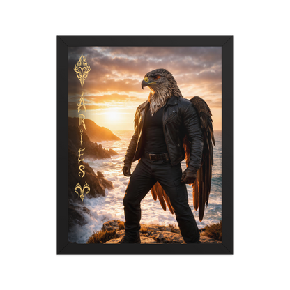 Framed Aries man poster featuring a powerful eagle figure standing above ocean cliffs at sunset, symbolizing strength, courage, and leadership.