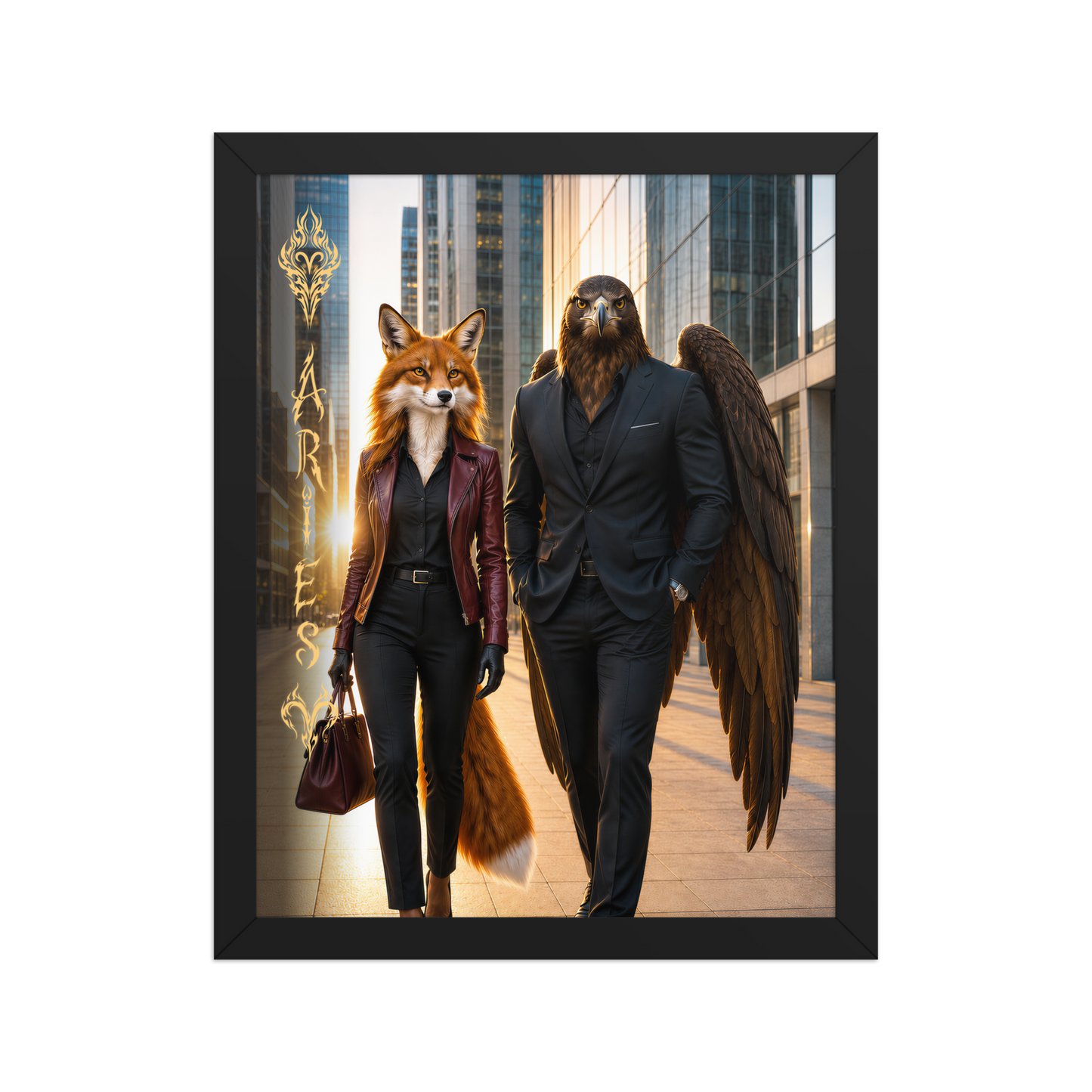 Framed Aries power couple poster featuring eagle and fox archetypes walking through a modern city, symbolizing strength, ambition, and partnership.