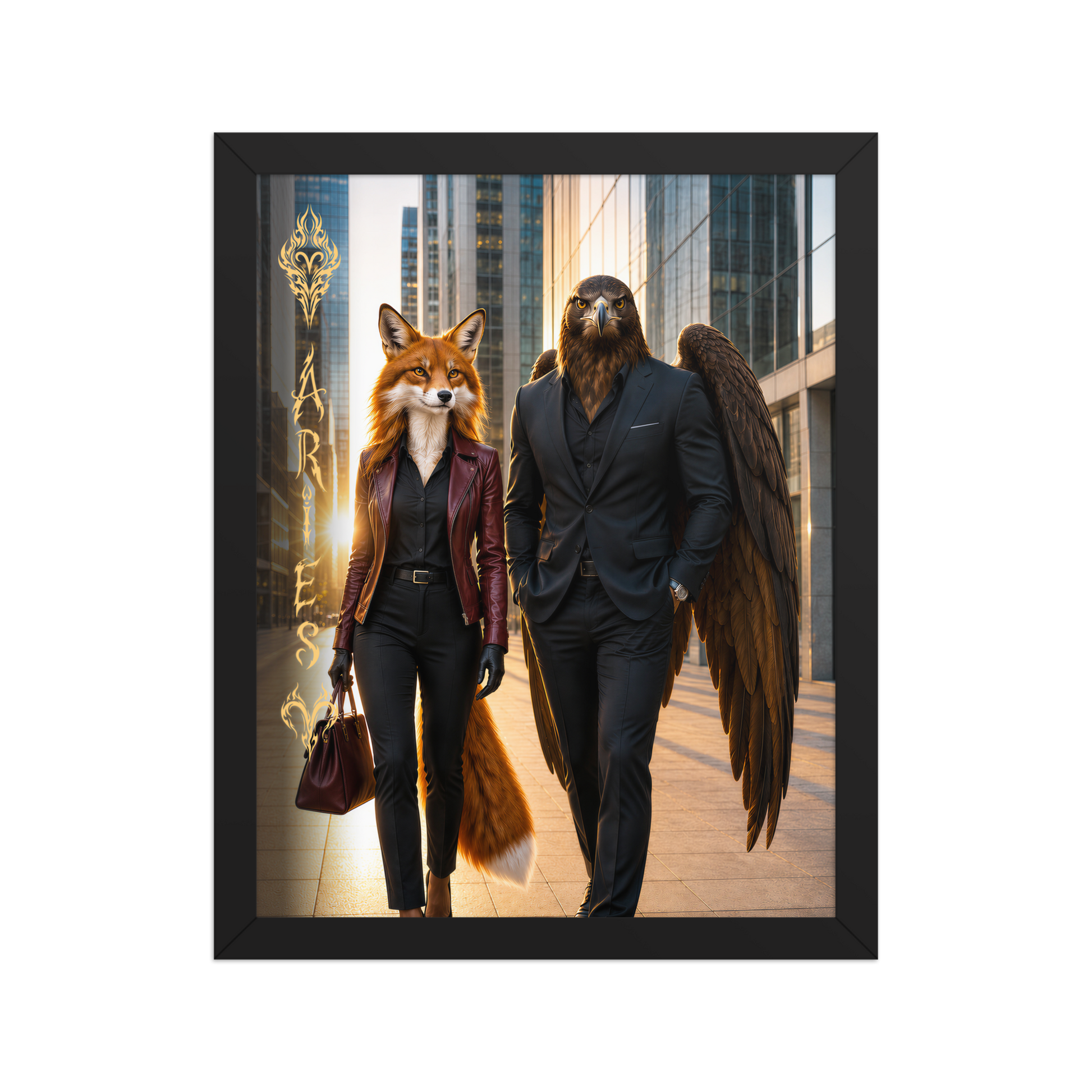 Framed Aries power couple poster featuring eagle and fox archetypes walking through a modern city, symbolizing strength, ambition, and partnership.