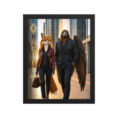 Framed Aries power couple poster featuring eagle and fox archetypes walking through a modern city, symbolizing strength, ambition, and partnership.