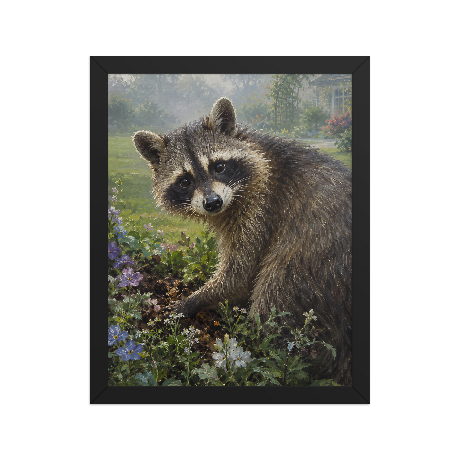Garden Raccoon Curiosity Framed Poster