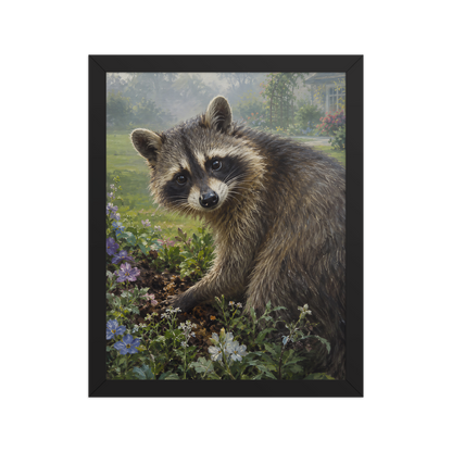 Garden Raccoon Curiosity Framed Poster