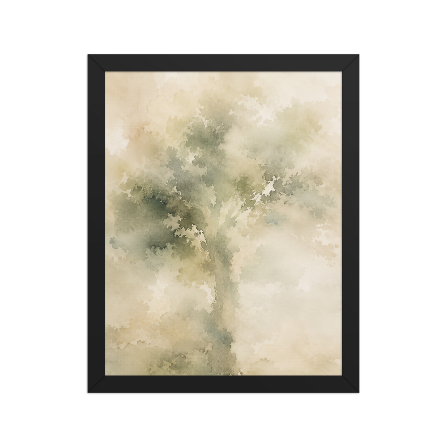 Framed minimalist nature poster featuring a softly emerging tree form in muted green and warm neutral tones.