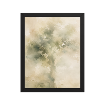 Framed minimalist nature poster featuring a softly emerging tree form in muted green and warm neutral tones.