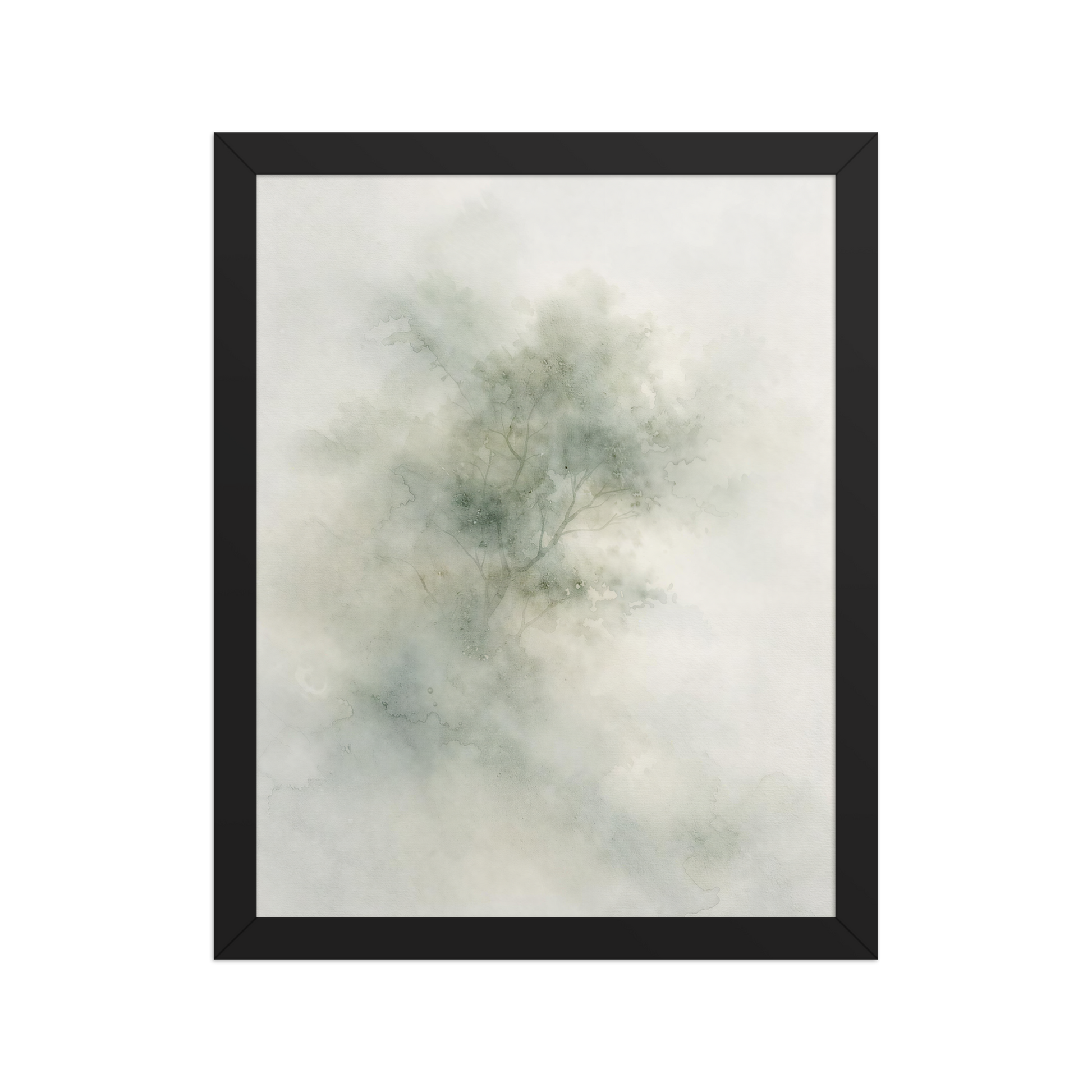 Framed minimalist watercolor-inspired artwork with a softly emerging tree form and subtle neutral tones.