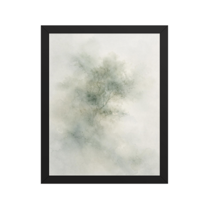 Framed minimalist watercolor-inspired artwork with a softly emerging tree form and subtle neutral tones.