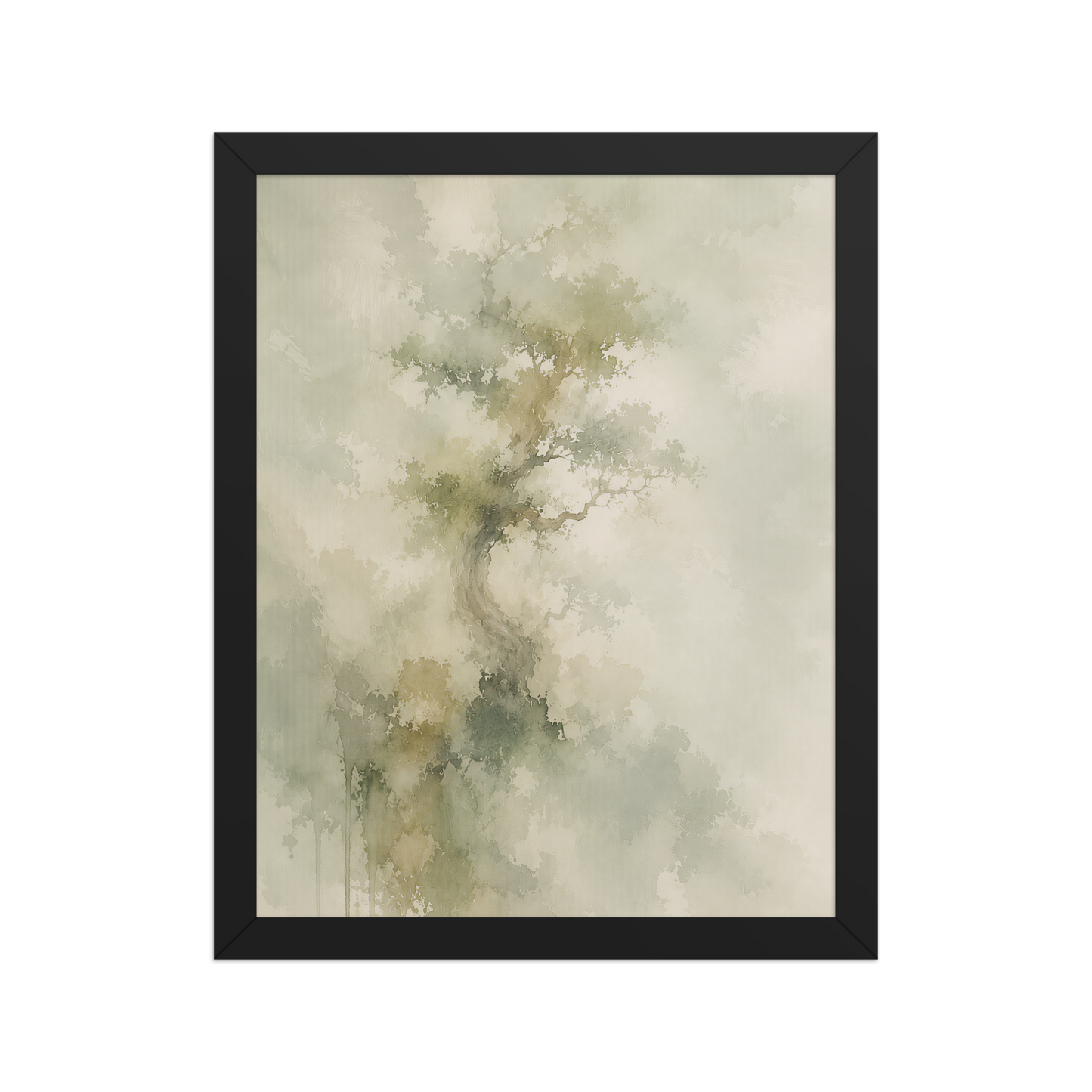 Framed minimalist nature-inspired poster featuring a softly emerging tree form in muted neutral tones and organic watercolor textures.