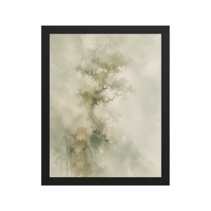 Framed minimalist nature-inspired poster featuring a softly emerging tree form in muted neutral tones and organic watercolor textures.