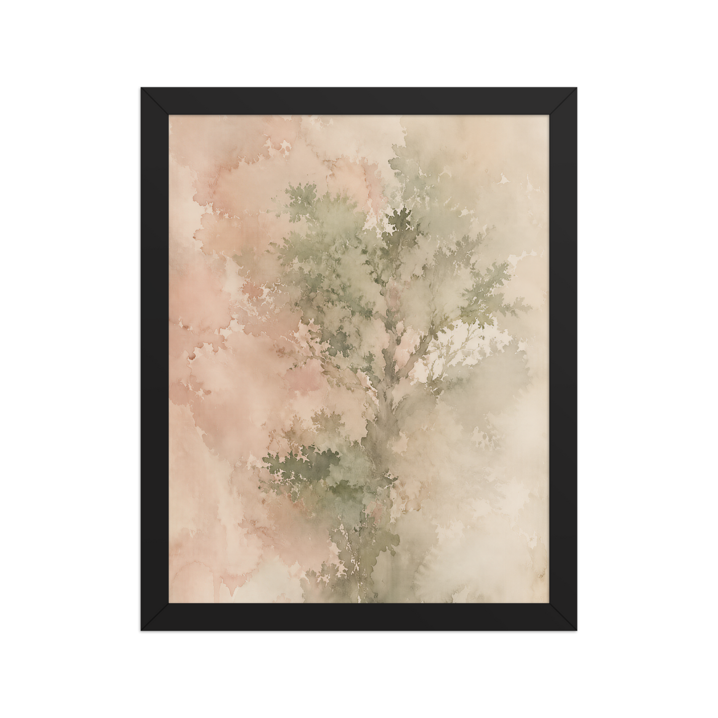 Framed minimalist nature-inspired poster featuring a softly emerging tree form in blush, sage, and warm neutral tones.