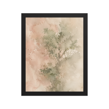 Framed minimalist nature-inspired poster featuring a softly emerging tree form in blush, sage, and warm neutral tones.