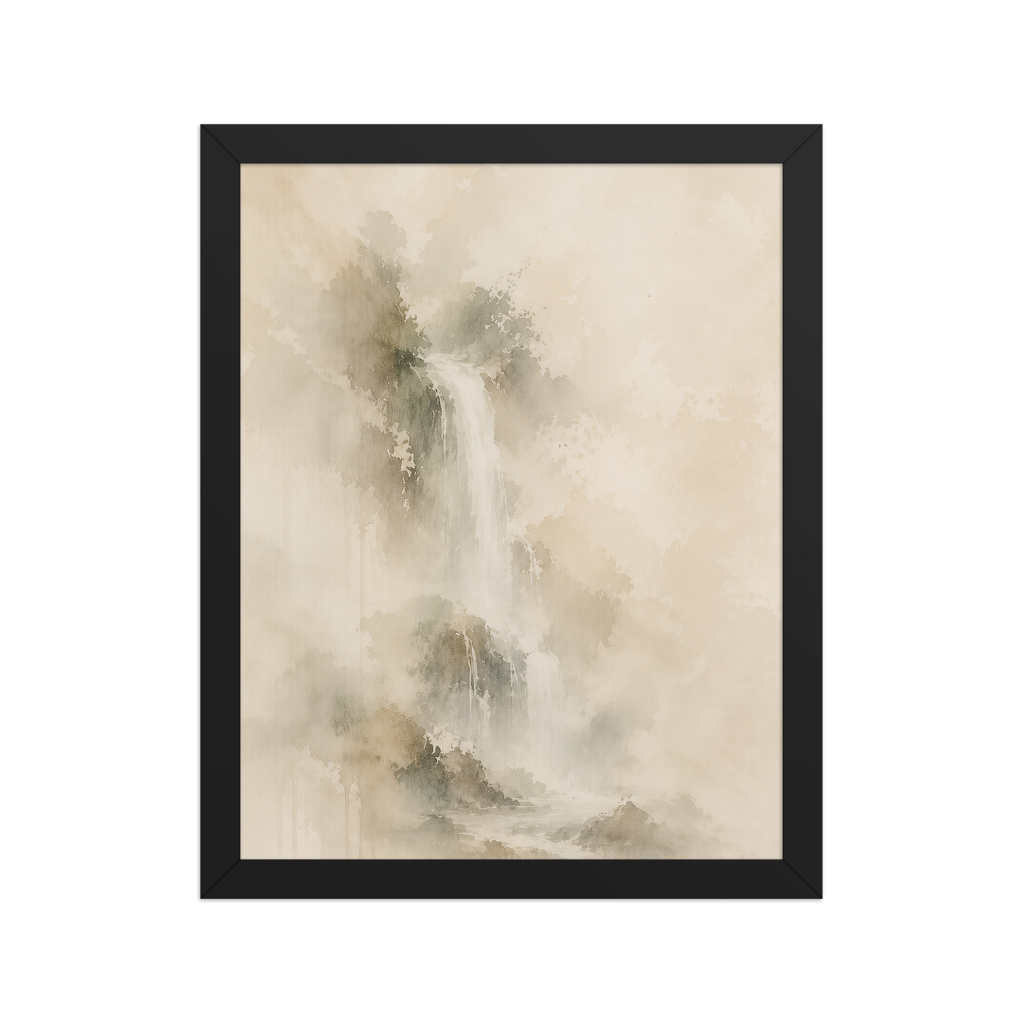 Framed waterfall-inspired poster featuring soft flowing forms in warm neutral and muted earth tones.