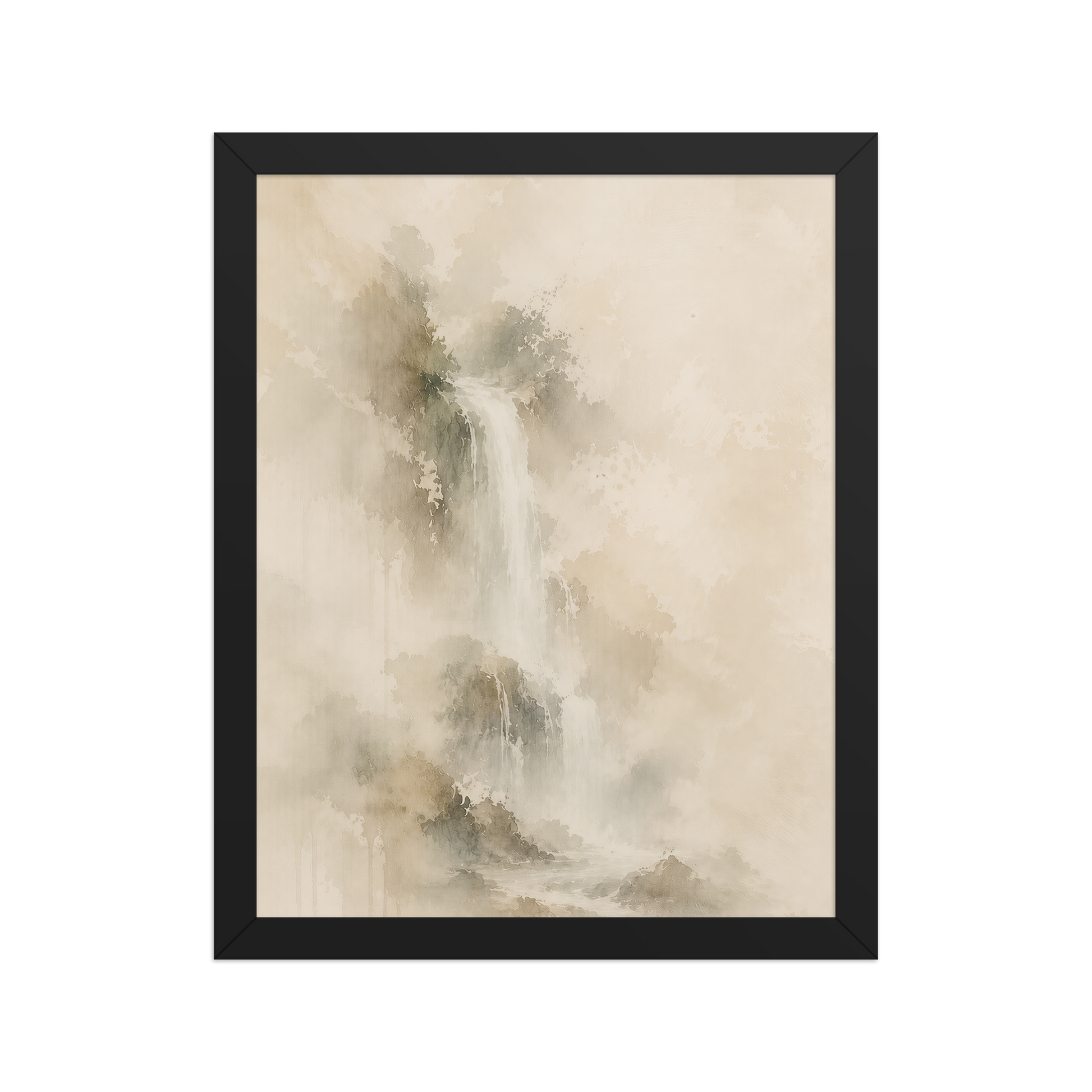 Framed waterfall-inspired poster featuring soft flowing forms in warm neutral and muted earth tones.