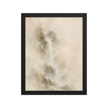 Framed waterfall-inspired poster featuring soft flowing forms in warm neutral and muted earth tones.