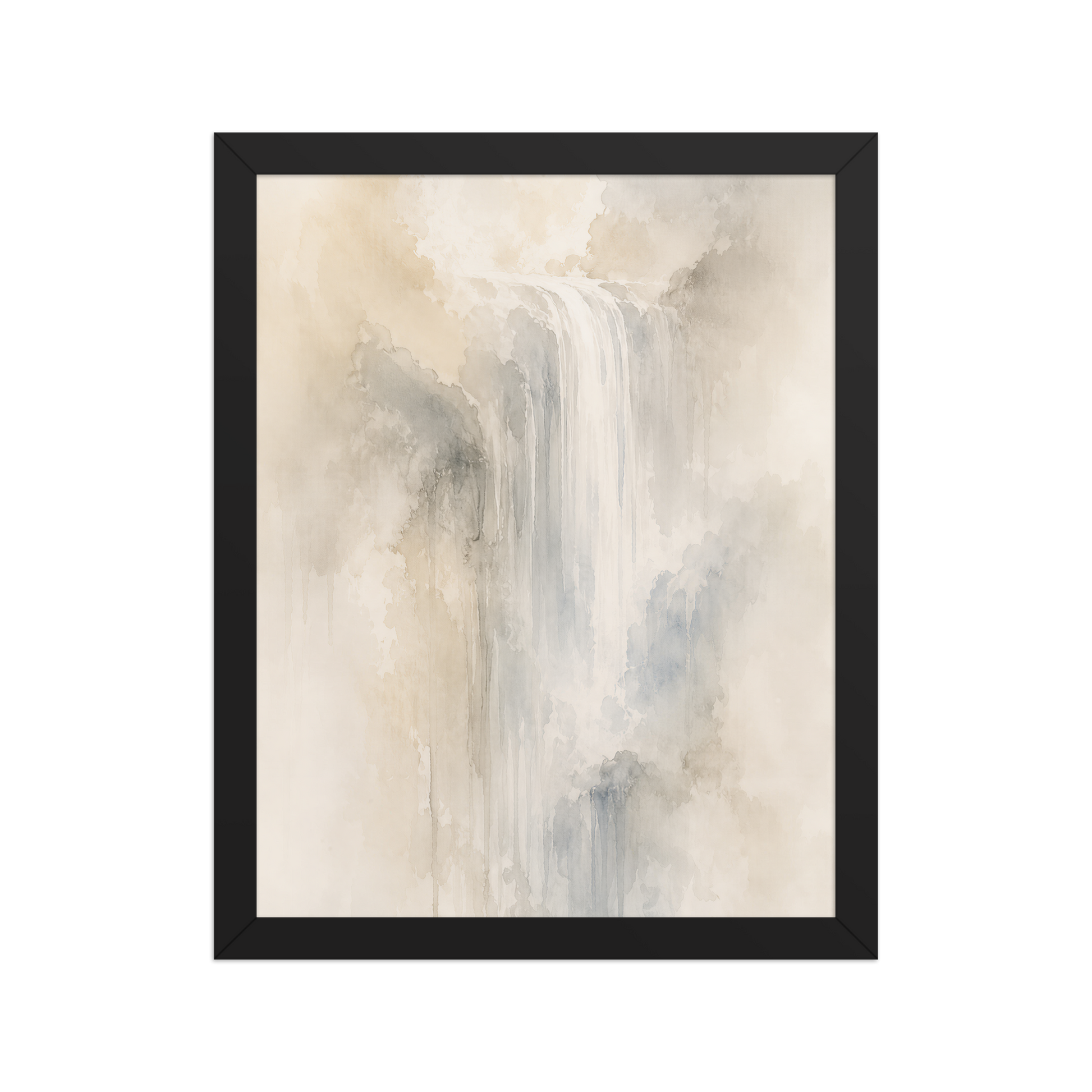 Framed waterfall-inspired poster with soft flowing forms in warm neutrals, misty blues, and subtle organic textures.