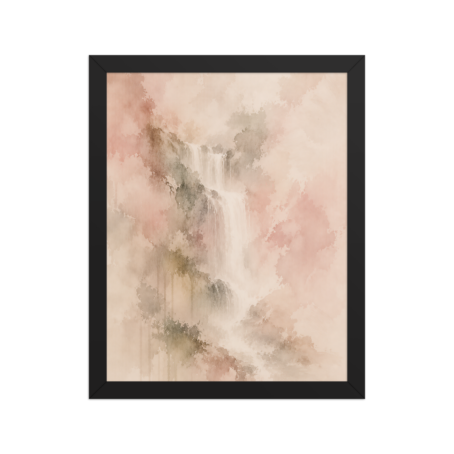 Framed waterfall-inspired poster featuring soft flowing forms in blush, warm neutral, and muted earth tones.