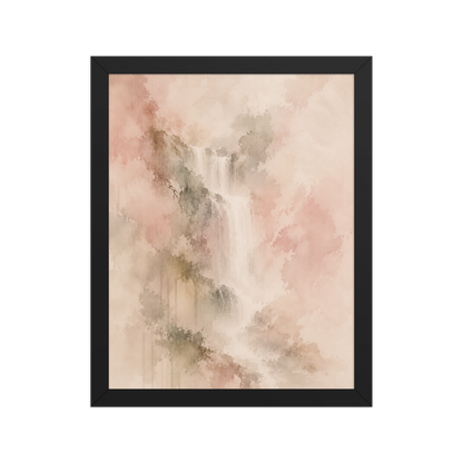 Framed waterfall-inspired poster featuring soft flowing forms in blush, warm neutral, and muted earth tones.